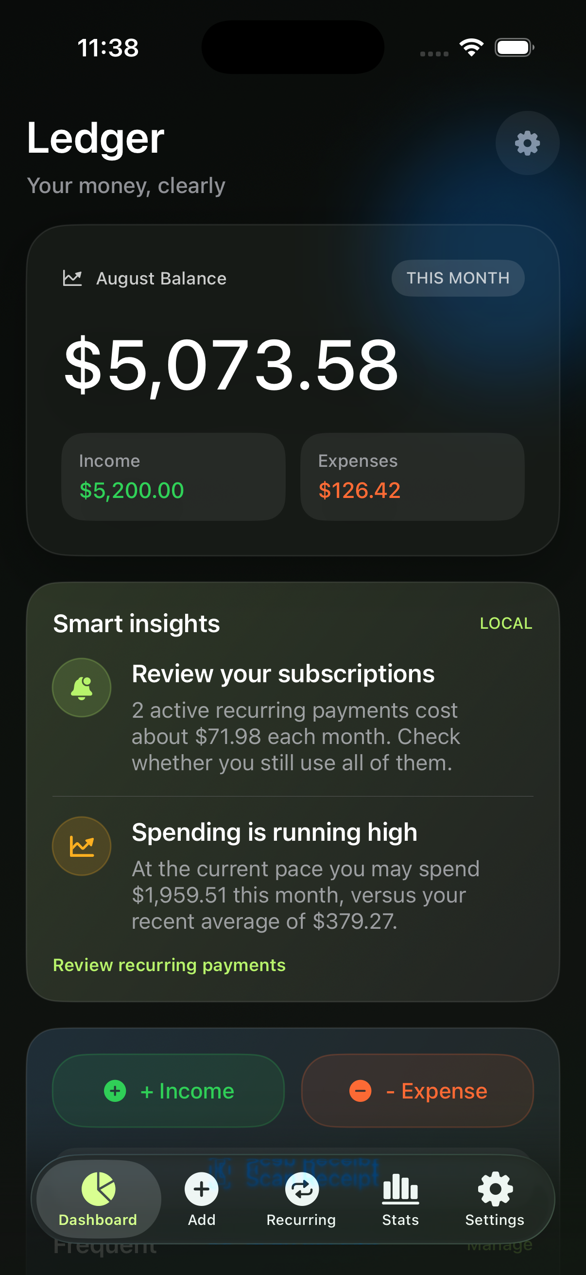 Full Ledger phone dashboard