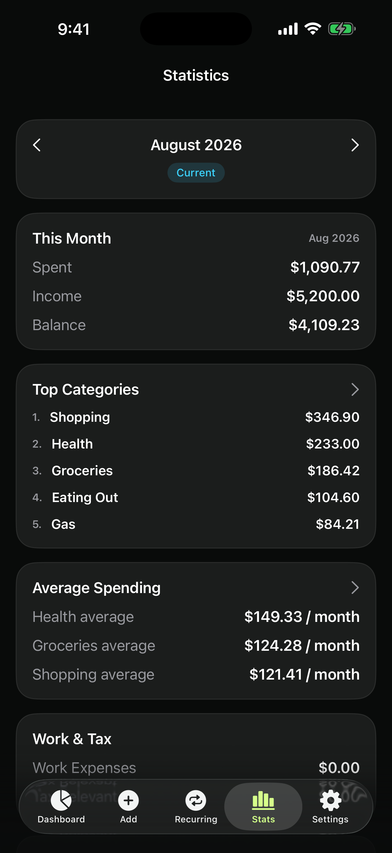 Ledger monthly statistics screen