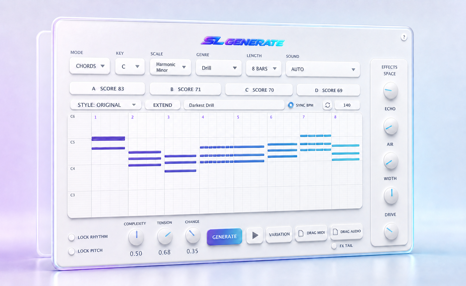 SL Generate showing an editable eight-bar chord melody